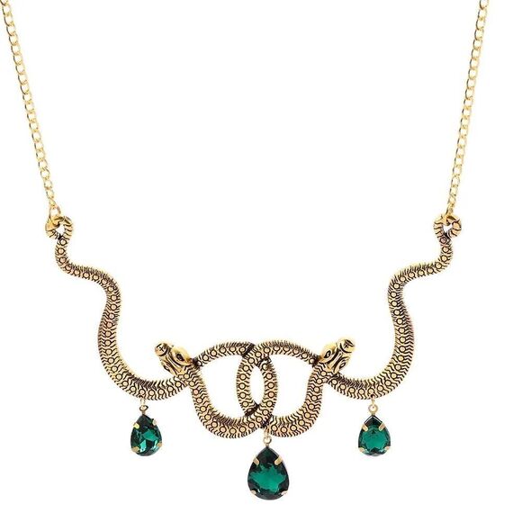 Anthro Vintage Inspired Gold Snake Necklace With Green Gemstones - Picture 5 of 14